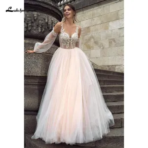 Roycebridal Sexy Boho Pink Wedding Dresses Long Sleeves Buttons Back