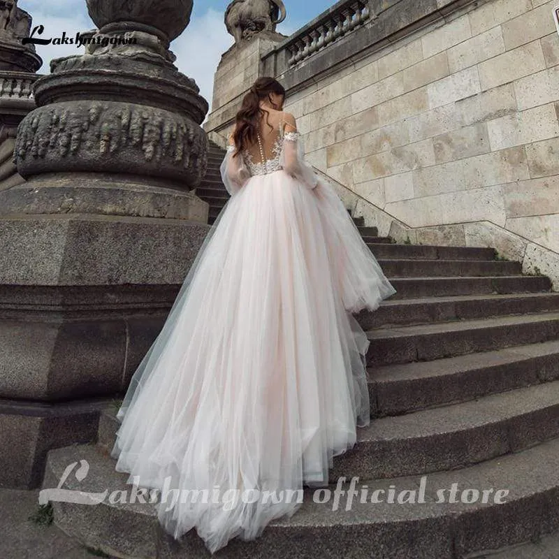 Roycebridal Sexy Boho Pink Wedding Dresses Long Sleeves Buttons Back