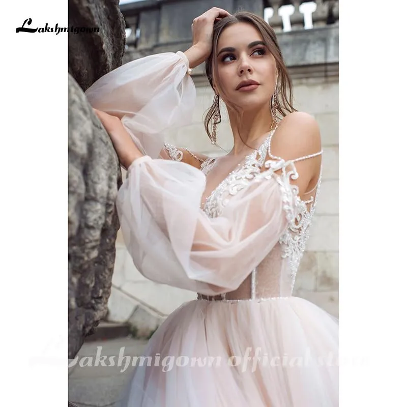 Roycebridal Sexy Boho Pink Wedding Dresses Long Sleeves Buttons Back