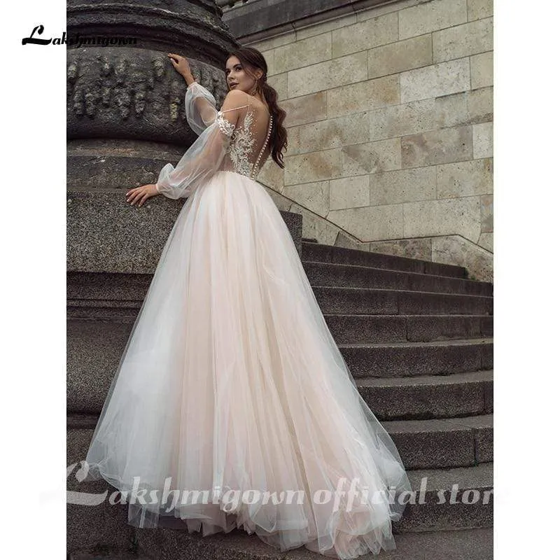 Roycebridal Sexy Boho Pink Wedding Dresses Long Sleeves Buttons Back