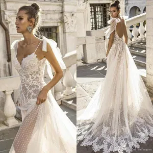 Roycebridal Sexy Boho Wedding Dresses Spaghetti Straps Illusion Lace Backless