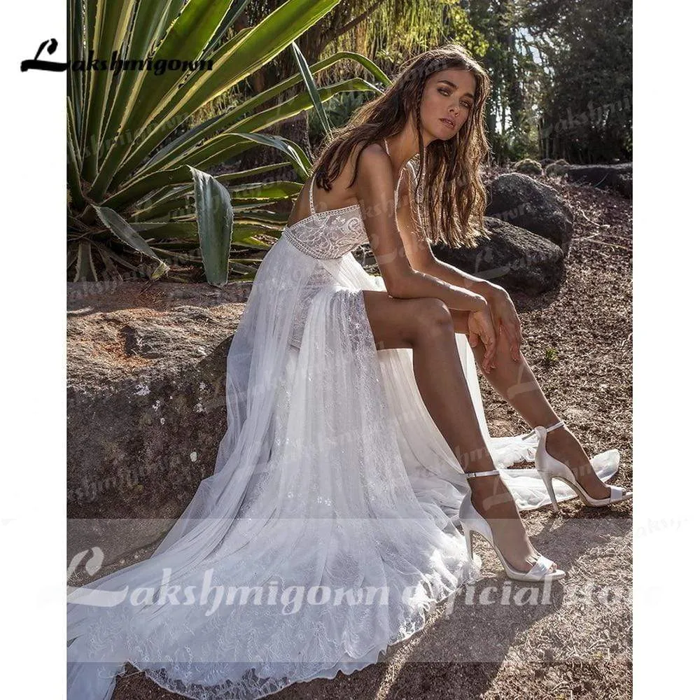 Roycebridal Sexy Deep V Neck  Lace Chiffon high Split Wedding Dresses