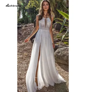 Roycebridal Sexy Deep V Neck  Lace Chiffon high Split Wedding Dresses
