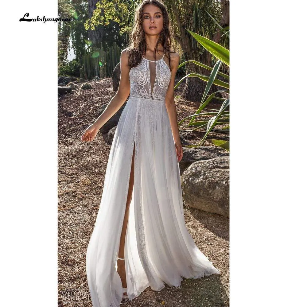 Roycebridal Sexy Deep V Neck  Lace Chiffon high Split Wedding Dresses