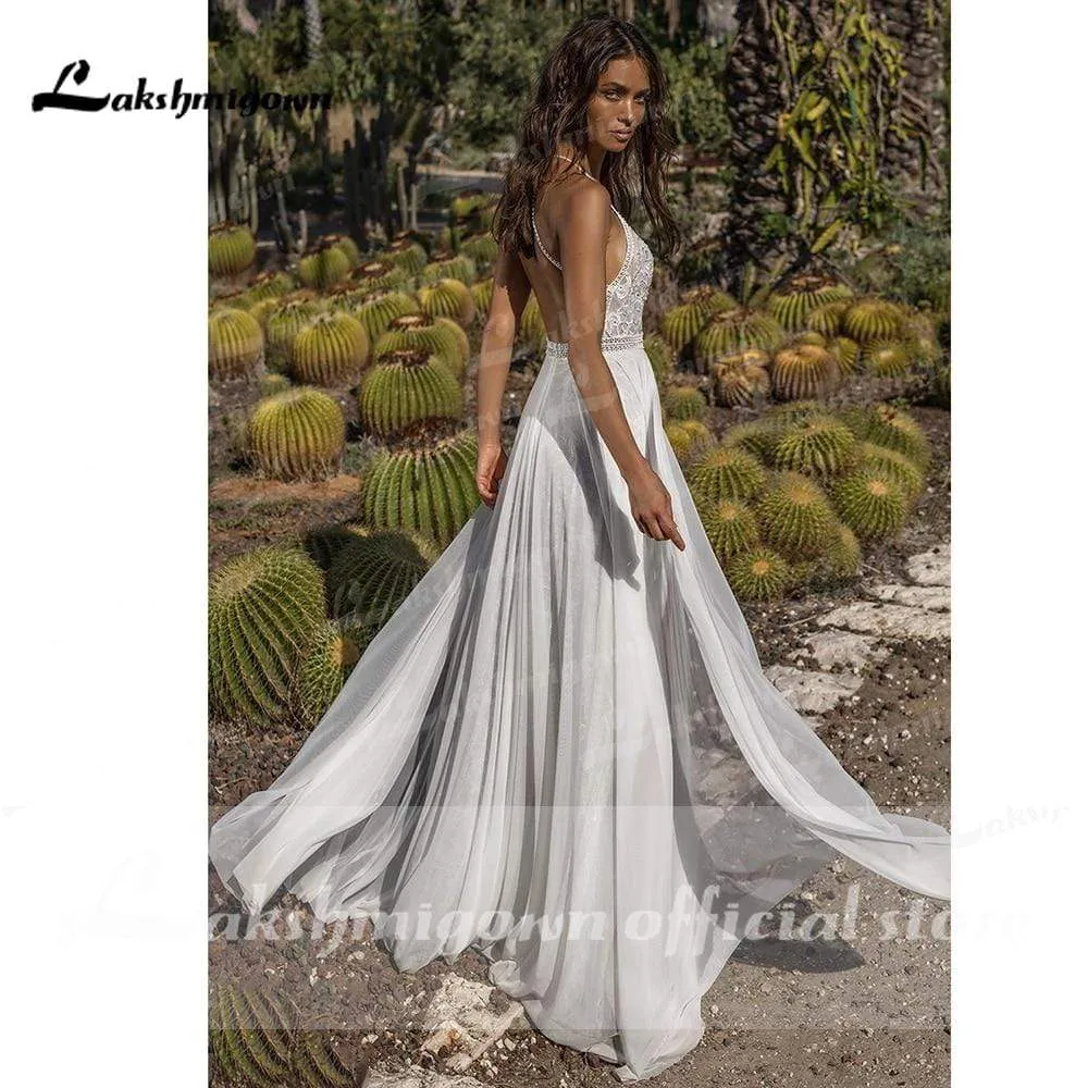 Roycebridal Sexy Deep V Neck  Lace Chiffon high Split Wedding Dresses