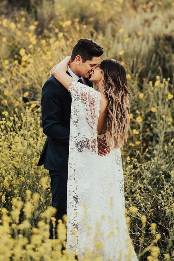 Roycebridal Sheath Boho Batwing Sleeve Lace Rustic Ivory Wedding Dresses ,MW276