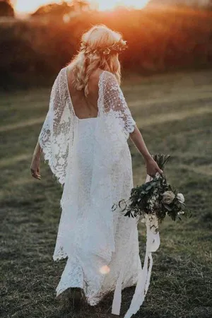 Roycebridal Sheath Boho Batwing Sleeve Lace Rustic Ivory Wedding Dresses ,MW276