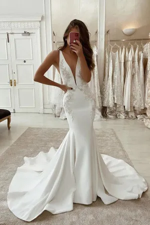 Roycebridal Stretch Satin Mermaid Deep V-neck Wedding Dress With Lace Appliques, MW934