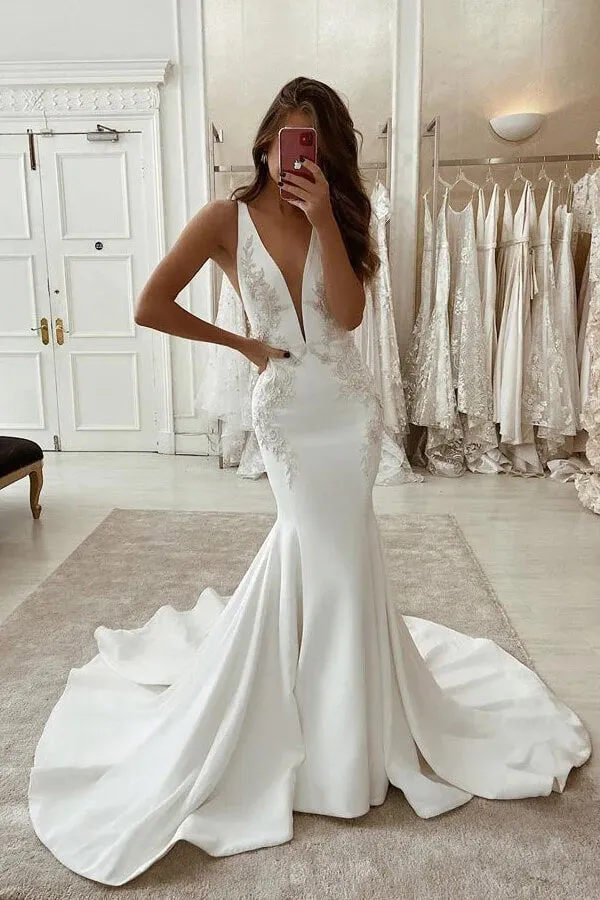 Roycebridal Stretch Satin Mermaid Deep V-neck Wedding Dress With Lace Appliques, MW934
