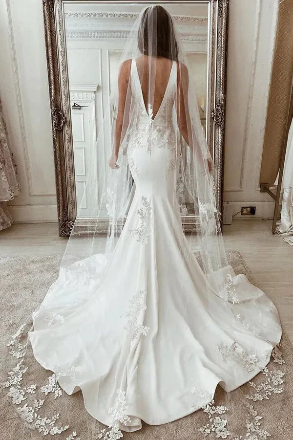 Roycebridal Stretch Satin Mermaid Deep V-neck Wedding Dress With Lace Appliques, MW934