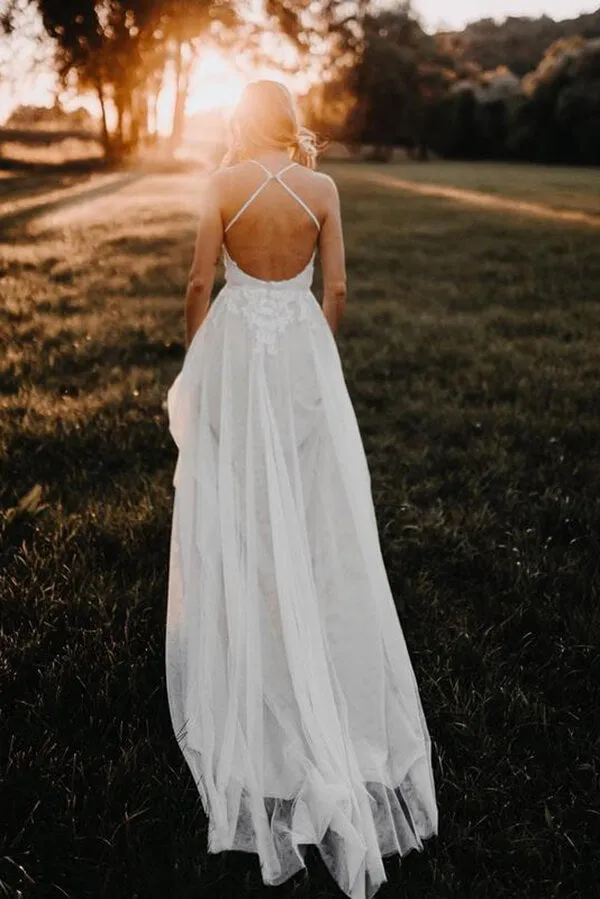 Roycebridal Tulle A-line Backless V-neck Appliqued Wedding Dress, Birdal Gown, MW606
