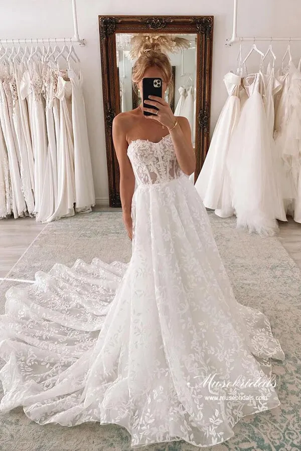 Roycebridal Tulle A-line Sweetheart Lace Wedding Dresses With Detachable Sleeves, MW875