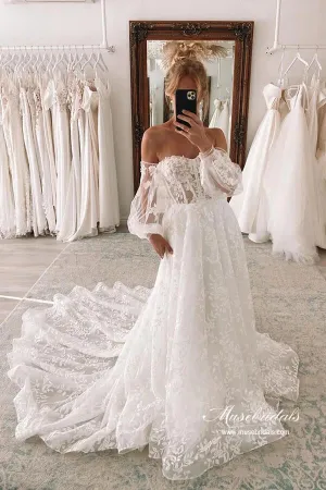 Roycebridal Tulle A-line Sweetheart Lace Wedding Dresses With Detachable Sleeves, MW875