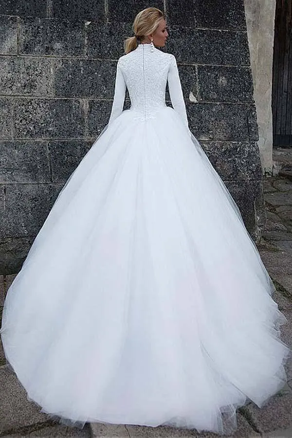 Roycebridal Tulle Ball Gown High Collar Long Sleeves Wedding Dresses, Wedding Gown, MW789