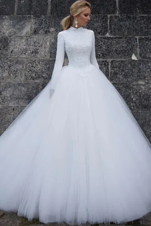 Roycebridal Tulle Ball Gown High Collar Long Sleeves Wedding Dresses, Wedding Gown, MW789