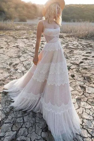 Roycebridal Tulle Lace Spaghetti Straps Boho Wedding Dresses, A-line Bridal Gown, MW715