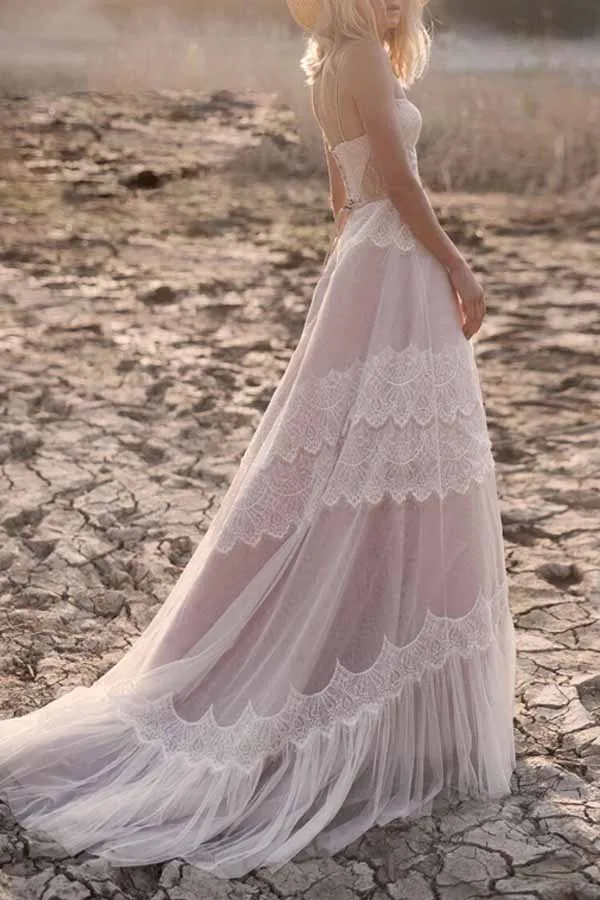 Roycebridal Tulle Lace Spaghetti Straps Boho Wedding Dresses, A-line Bridal Gown, MW715