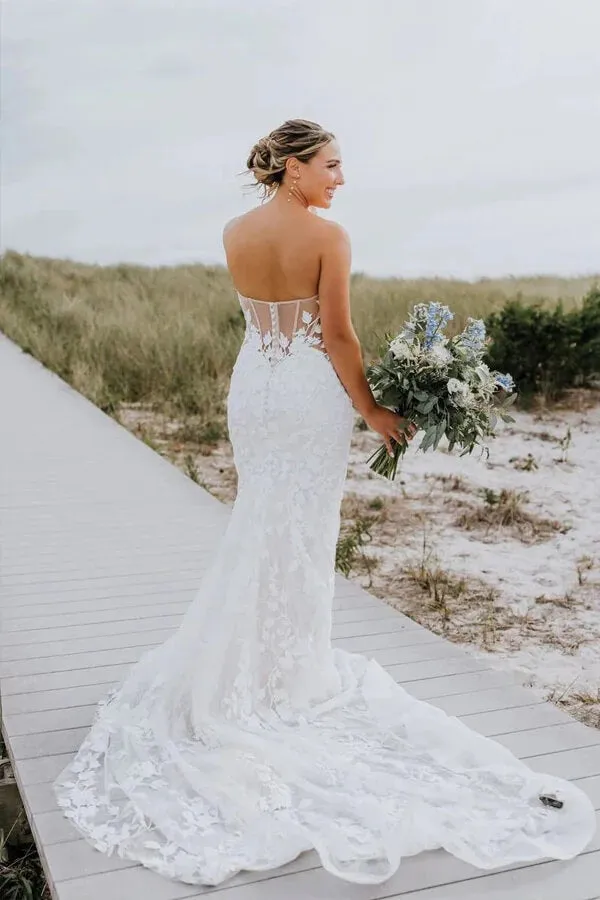 Roycebridal Tulle Mermaid Sweetheart Long Sleeves Lace Appliques Wedding Dresses, MW1014