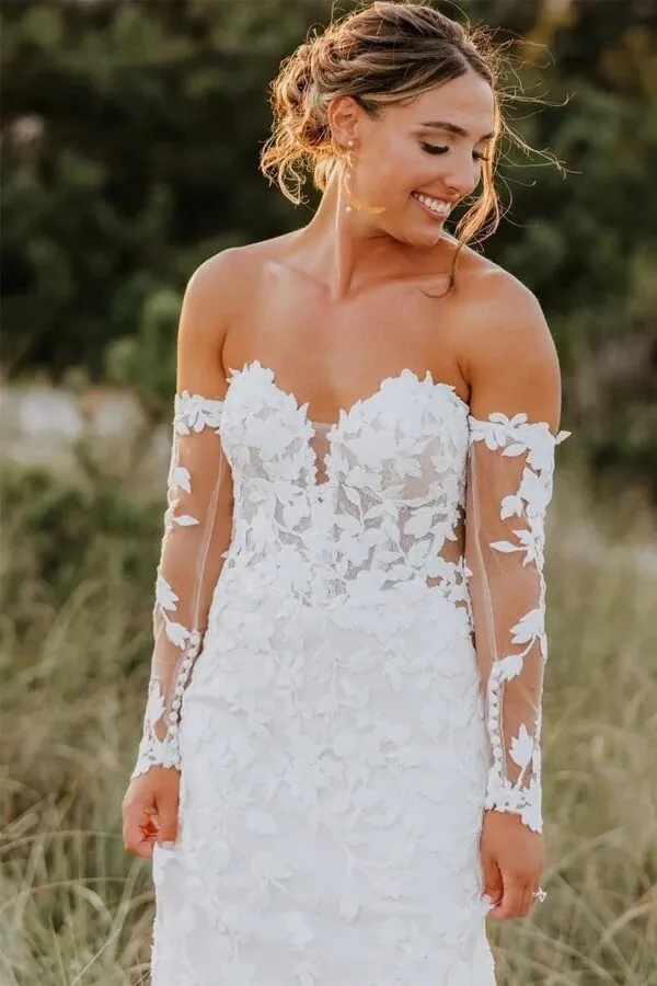 Roycebridal Tulle Mermaid Sweetheart Long Sleeves Lace Appliques Wedding Dresses, MW1014