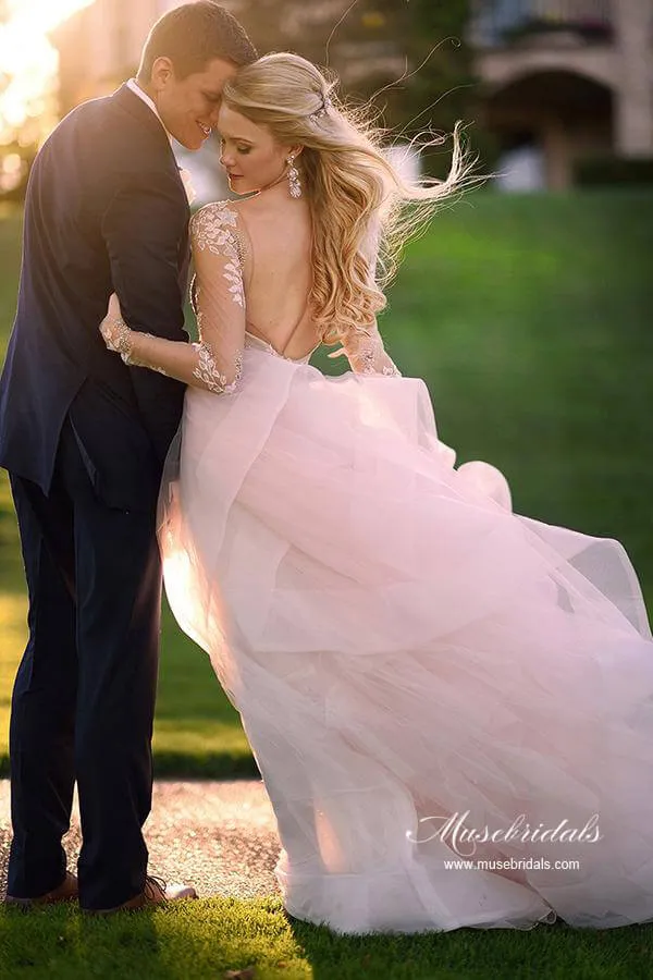 Roycebridal Tulle Open Back Bateau Neckline Long Sleeves Lace Wedding Dresses, MW986