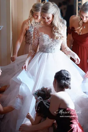 Roycebridal Tulle Open Back Bateau Neckline Long Sleeves Lace Wedding Dresses, MW986