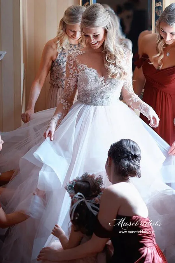 Roycebridal Tulle Open Back Bateau Neckline Long Sleeves Lace Wedding Dresses, MW986