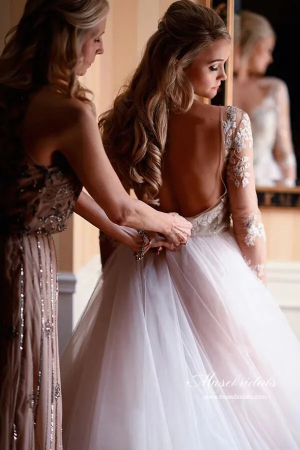 Roycebridal Tulle Open Back Bateau Neckline Long Sleeves Lace Wedding Dresses, MW986