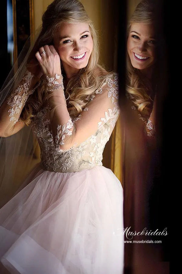 Roycebridal Tulle Open Back Bateau Neckline Long Sleeves Lace Wedding Dresses, MW986