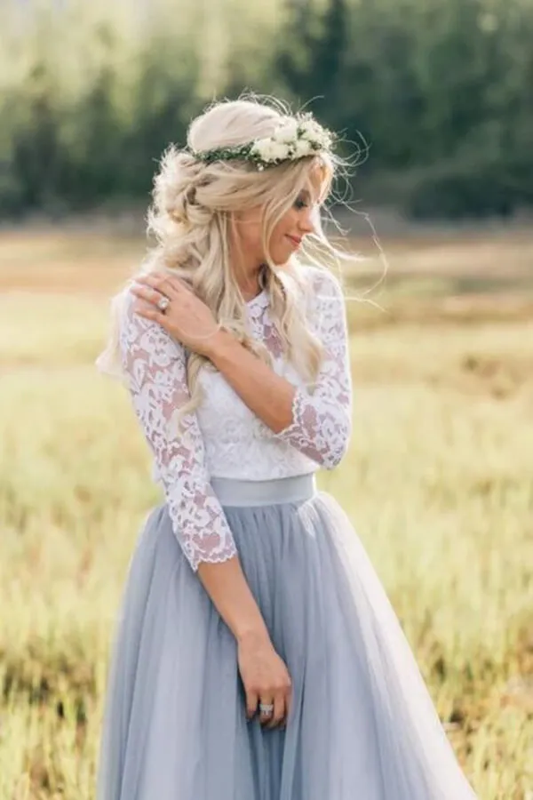 Roycebridal Two Pieces 3/4 Sleeves Boho Wedding Dresses, Lace Wedding Gowns, MW819