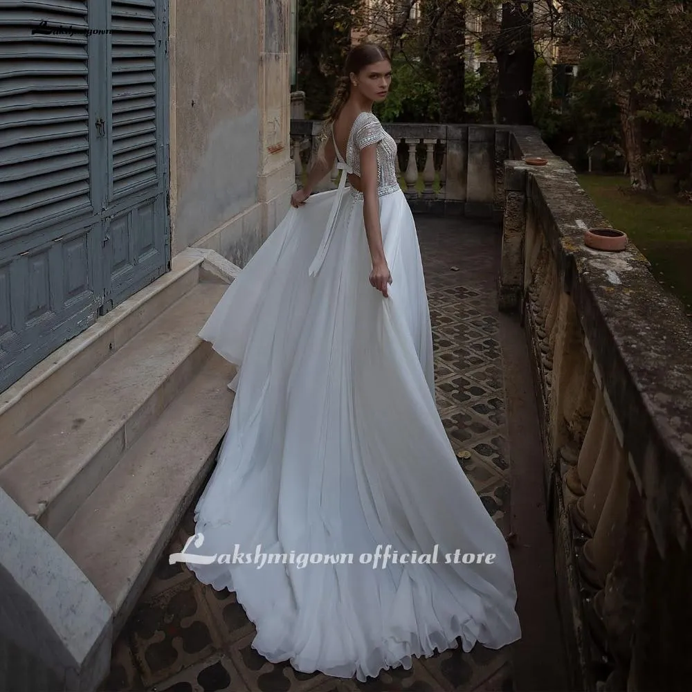 Roycebridal V Neck Wedding Dresses A Line Cap Sleeve Bride Dresses