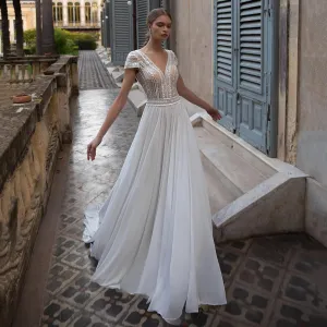 Roycebridal V Neck Wedding Dresses A Line Cap Sleeve Bride Dresses