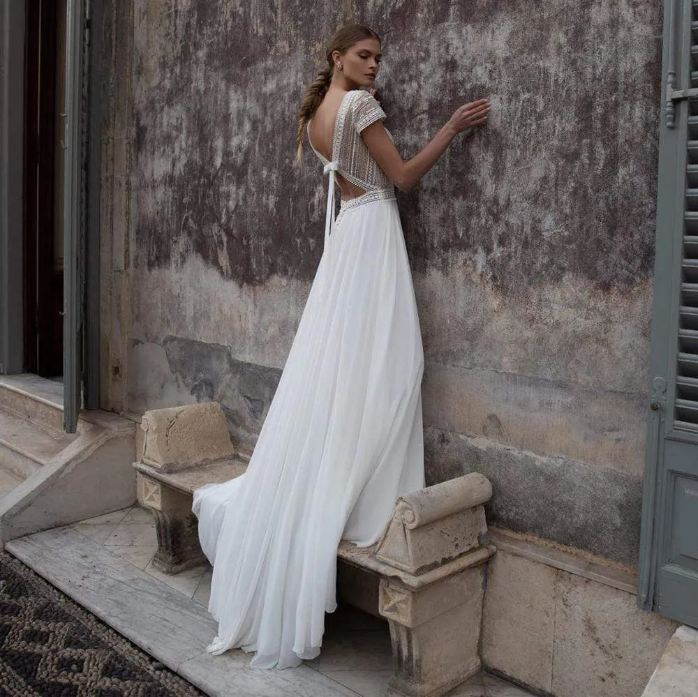 Roycebridal V Neck Wedding Dresses A Line Cap Sleeve Bride Dresses