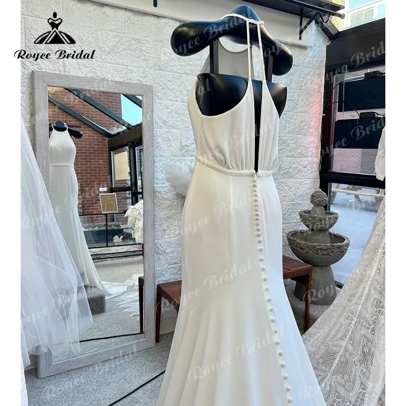 Roycebridal vestido Simple Boho Wedding Dress Halter Open Back Mermaid/Trumpet Sweep Train Robe Mariage Civil Boho Women Lace Bridal Gowns