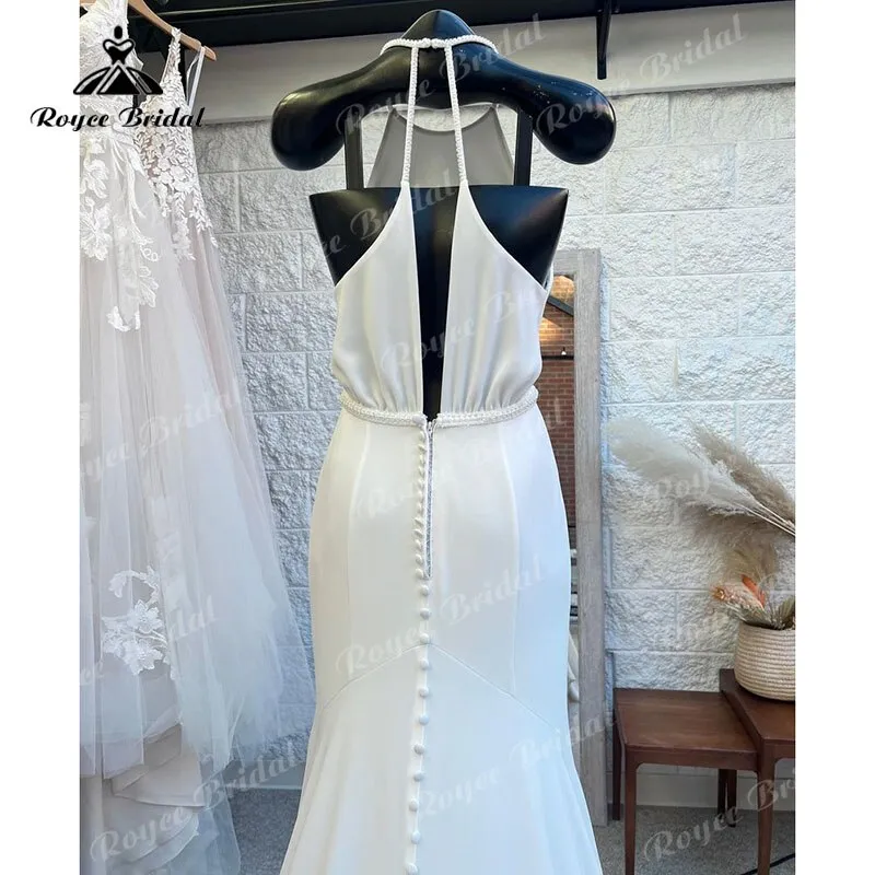 Roycebridal vestido Simple Boho Wedding Dress Halter Open Back Mermaid/Trumpet Sweep Train Robe Mariage Civil Boho Women Lace Bridal Gowns