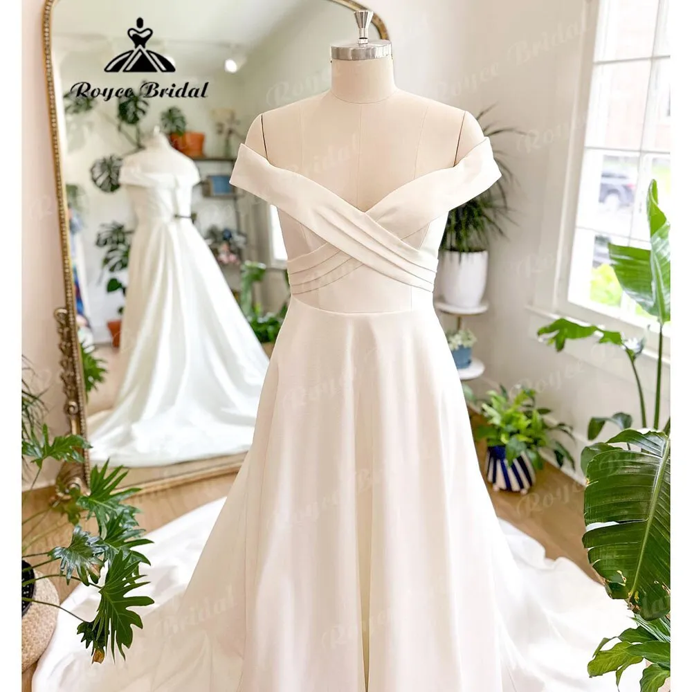 Roycebridal Vintage Off Shoulder Boho Soft Satin A Line Wedding Dress Women Short Cap Sleeve 2025 Bridal Gown Custom Made robe de mariee