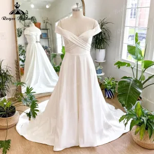 Roycebridal Vintage Off Shoulder Boho Soft Satin A Line Wedding Dress Women Short Cap Sleeve 2025 Bridal Gown Custom Made robe de mariee