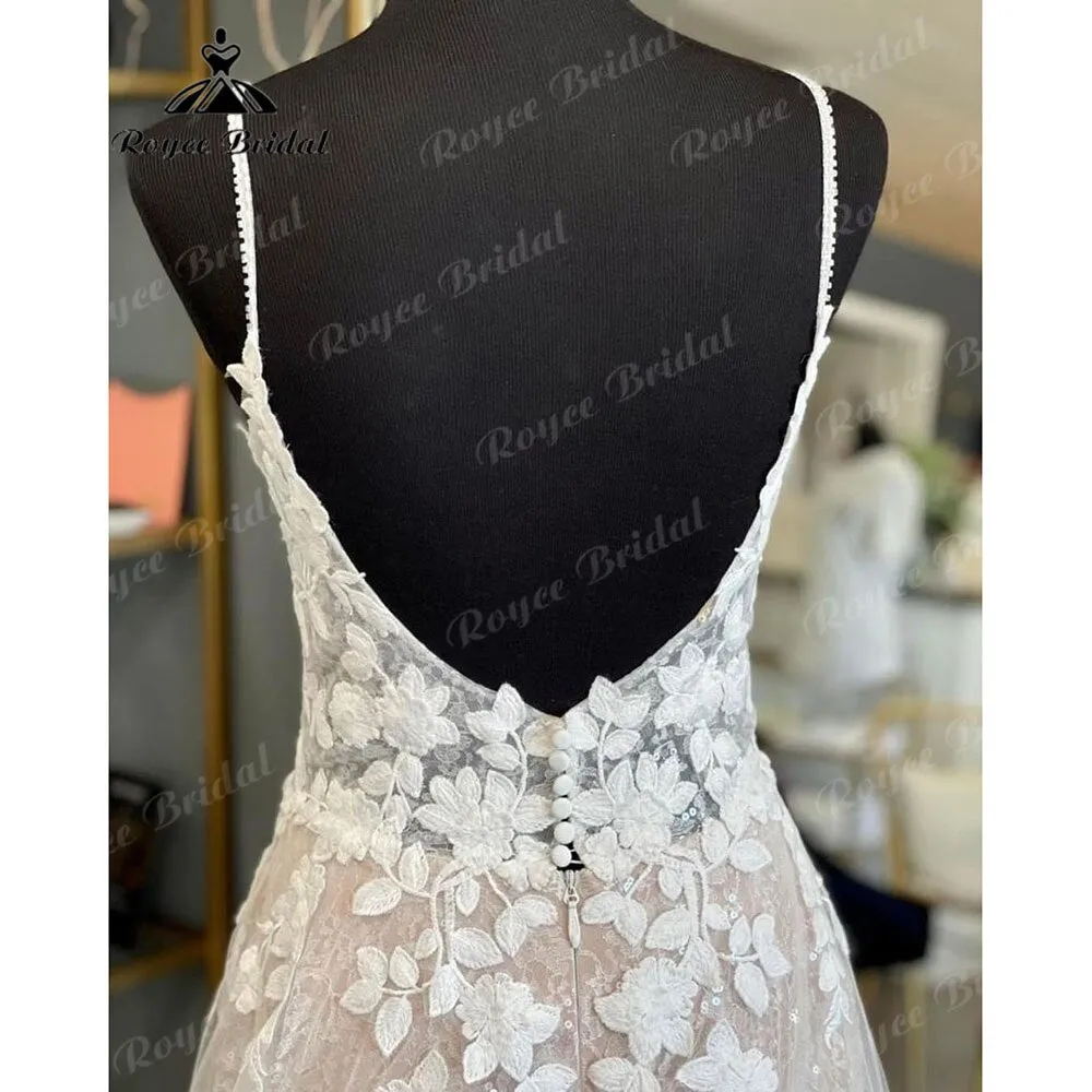 Roycebridal Vintage Spaghetti Straps Blush Pink Lace Appliques A Line Boho Wedding Dress V Neck Backless 2025 Bridal Gowns Vestido De Novia