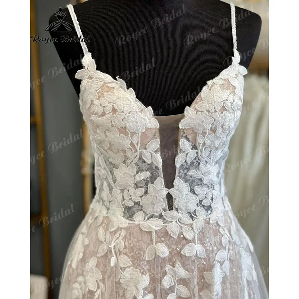 Roycebridal Vintage Spaghetti Straps Blush Pink Lace Appliques A Line Boho Wedding Dress V Neck Backless 2025 Bridal Gowns Vestido De Novia