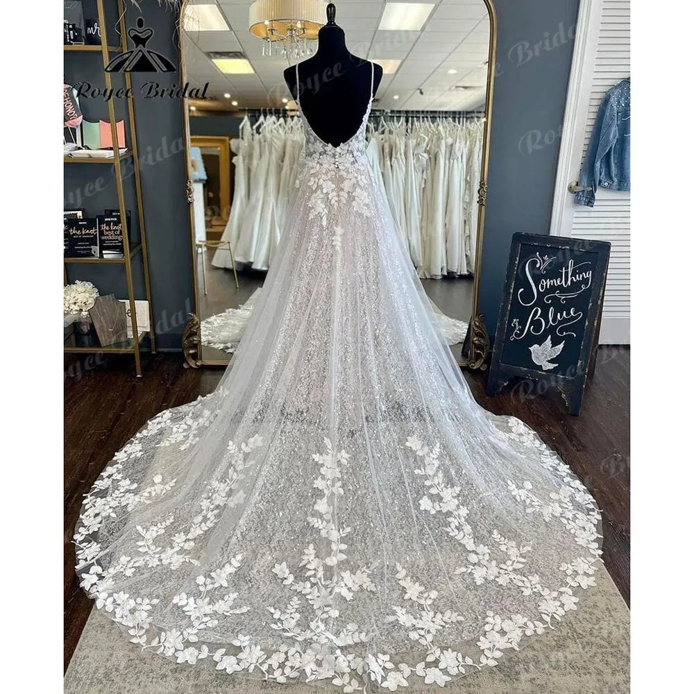 Roycebridal Vintage Spaghetti Straps Blush Pink Lace Appliques A Line Boho Wedding Dress V Neck Backless 2025 Bridal Gowns Vestido De Novia