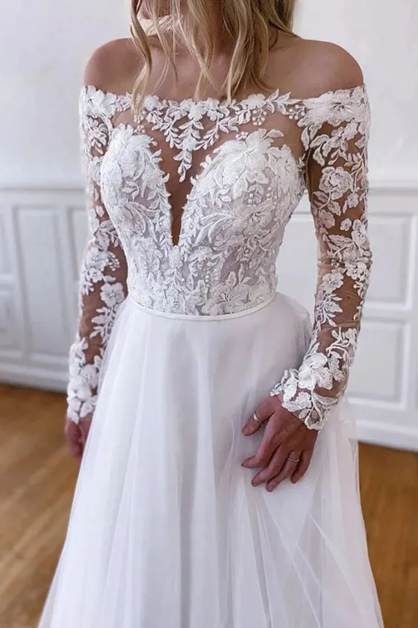 Roycebridal White Tulle Lace A-line Long Sleeves Wedding Dresses, Wedding Gowns, MW816