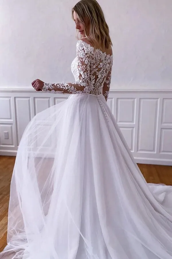 Roycebridal White Tulle Lace A-line Long Sleeves Wedding Dresses, Wedding Gowns, MW816