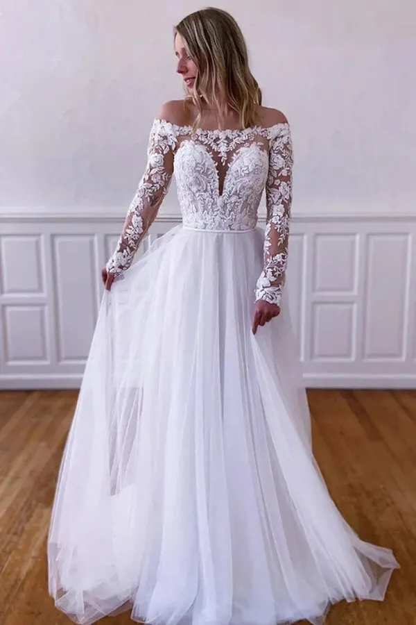 Roycebridal White Tulle Lace A-line Long Sleeves Wedding Dresses, Wedding Gowns, MW816