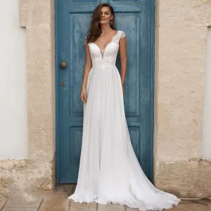 Roycebridal White/Ivory Beach Wedding Dresses Plus Size Cap Sleeve V-neck Top Lace A-line Chiffon Robe De Mariage Boho Wedding Dress