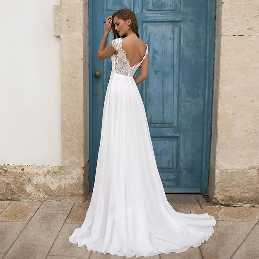 Roycebridal White/Ivory Beach Wedding Dresses Plus Size Cap Sleeve V-neck Top Lace A-line Chiffon Robe De Mariage Boho Wedding Dress