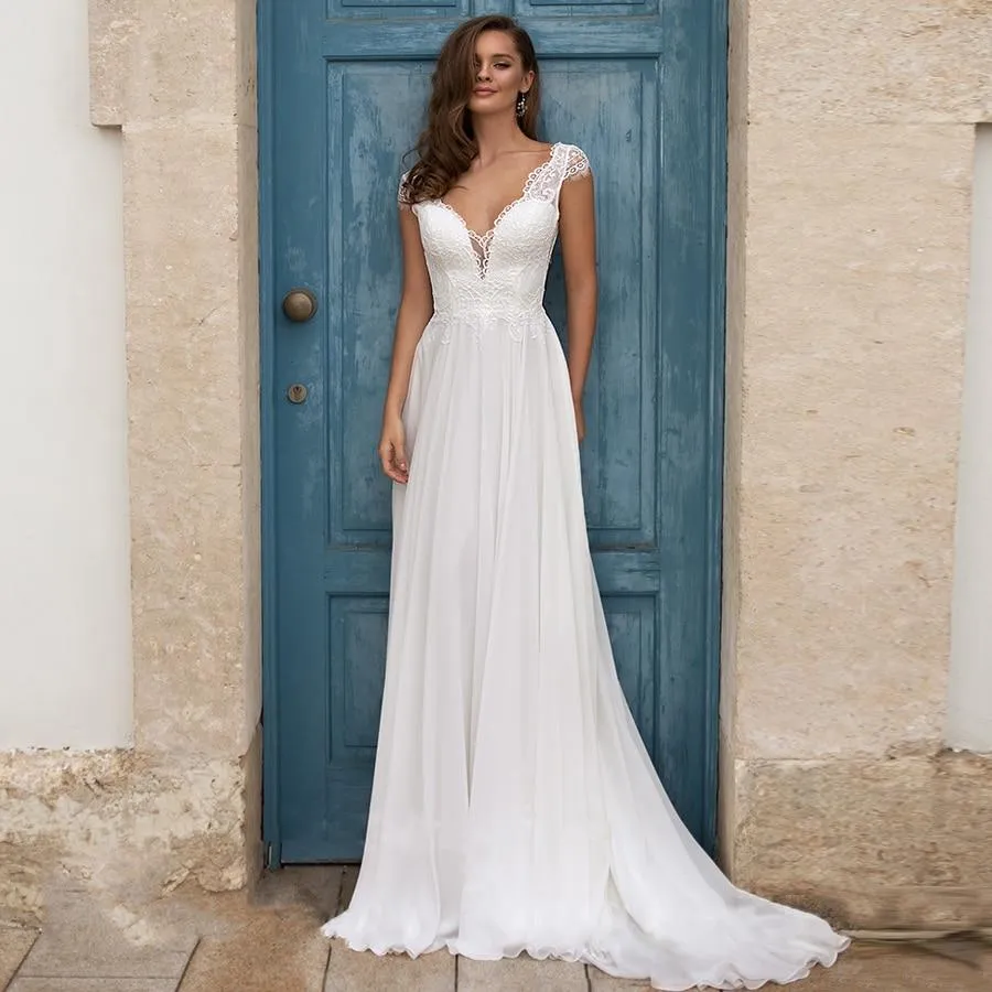 Roycebridal White/Ivory Beach Wedding Dresses Plus Size Cap Sleeve V-neck Top Lace A-line Chiffon Robe De Mariage Boho Wedding Dress