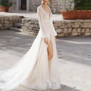 Roycebridal Women's Sexy Deep V-Neck Bishop Sleeve Bare Back Wedding Dress