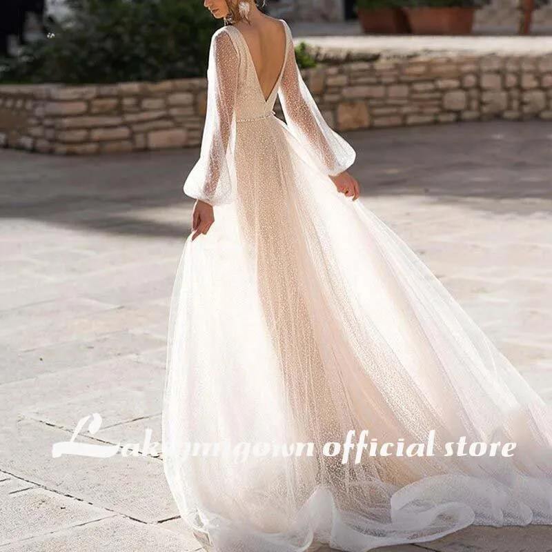 Roycebridal Women's Sexy Deep V-Neck Bishop Sleeve Bare Back Wedding Dress