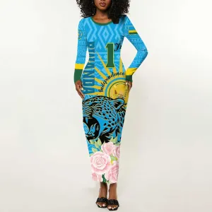 Rwanda Independence Day Long Sleeve Bodycon Dress Leopard With Roses LT01