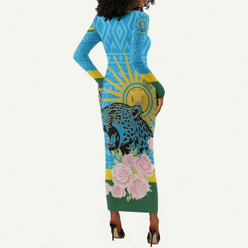 Rwanda Independence Day Long Sleeve Bodycon Dress Leopard With Roses LT01