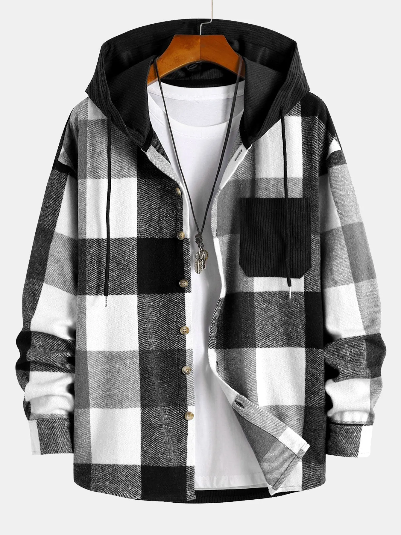 Santai Fit Fit Flanel Plaid Plaid Patchwork Hooded Shirt & Chino Cargo Jogger Pants